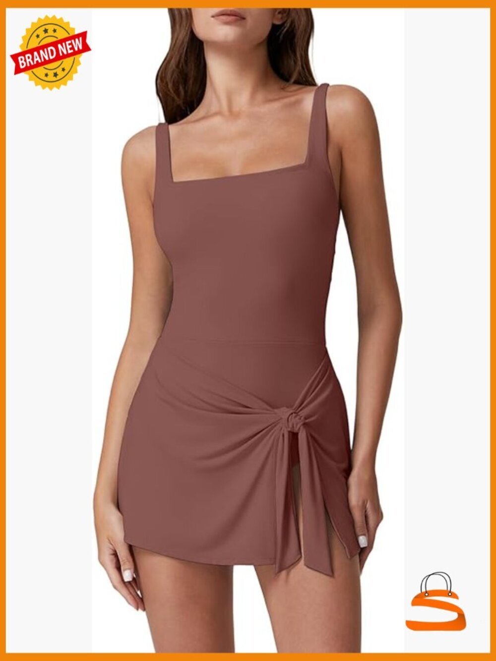 Square Neck Swim Dress Wrap One Piece Tummy Control Bathing Suit